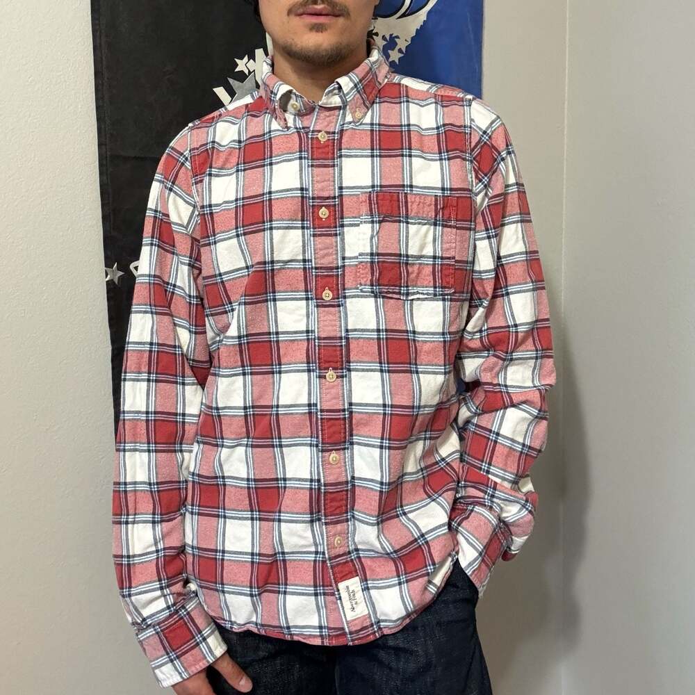 Abercrombie & Fitch Muscle Fit Plaid Flannel Shirt Red White Blue Button Down XX